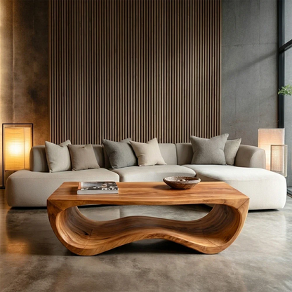 Modern living room with a gray sectional sofa and a wooden coffee table.