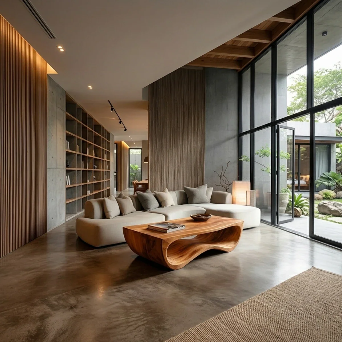 Sculptural coffee table with flowing shape and natural wood grain for contemporary interiors