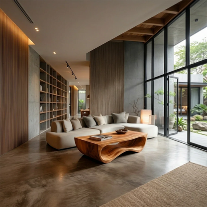 Sculptural coffee table with flowing shape and natural wood grain for contemporary interiors