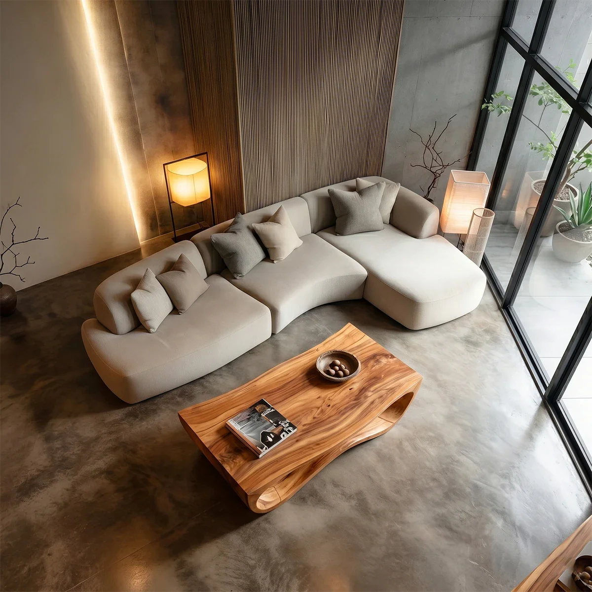 Natural wood coffee table with smooth sculpted form for elegant modern home interiors