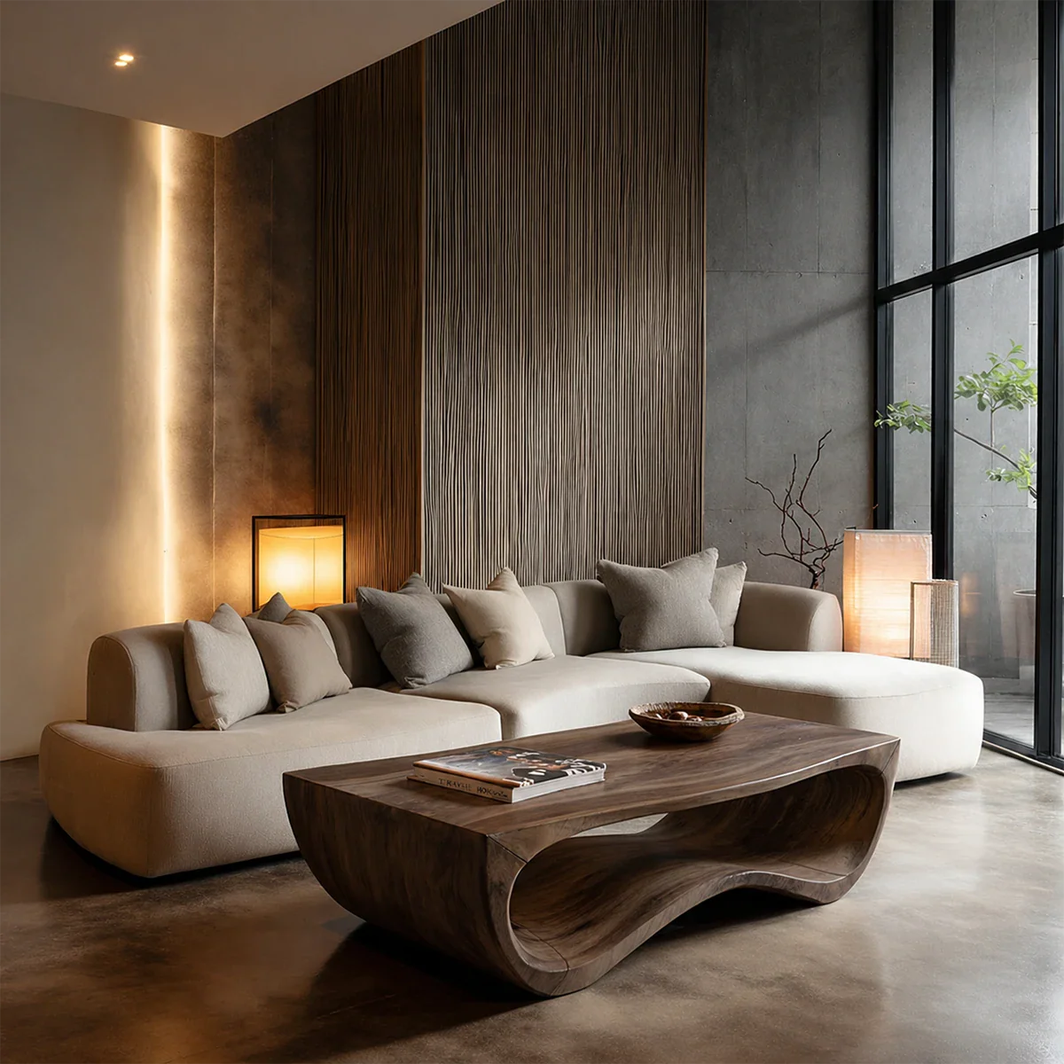 Contemporary coffee table featuring curved silhouette and warm natural wood texture