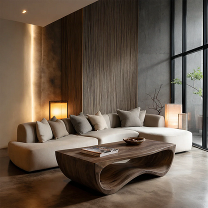Contemporary coffee table featuring curved silhouette and warm natural wood texture