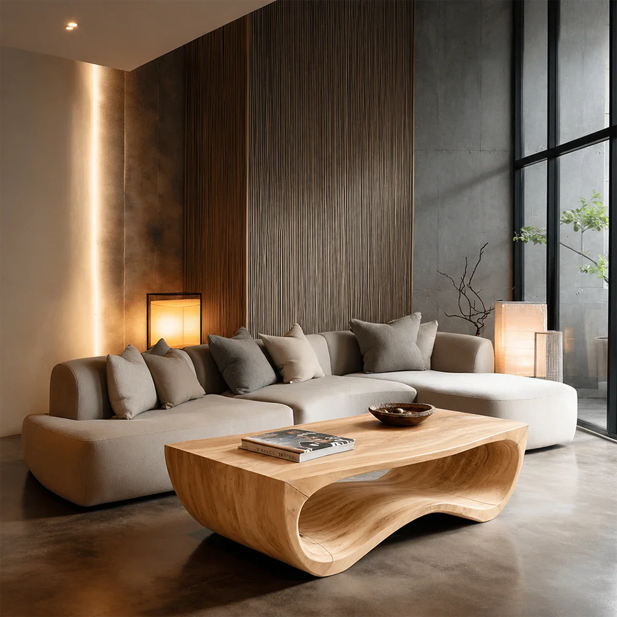 Low profile coffee table with organic curves for stylish modern living room décor