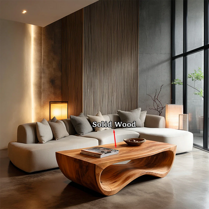Minimalist coffee table with sculpted base and natural wood look for cozy interiors