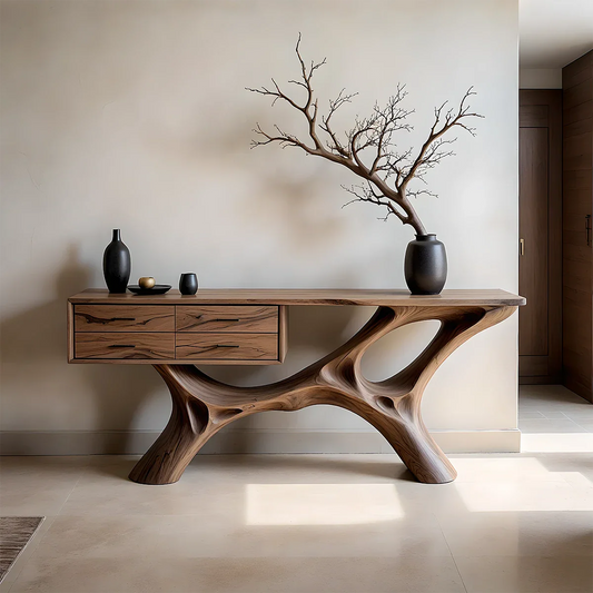 Modern console table with sculptural curved base and storage drawers for stylish entryway interiors