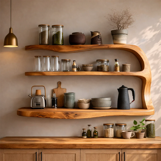 Modern kitchen wall cabinet with flowing natural wood shelves and open storage for daily essentials