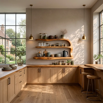 Sculptural kitchen shelving unit with organic curves and layered open wood storage design