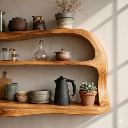 Contemporary wall mounted kitchen cabinet with curved wood shelves for minimalist interiors
