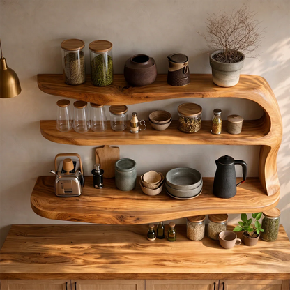 Open kitchen wall storage with organic shaped wood shelves and clean modern styling