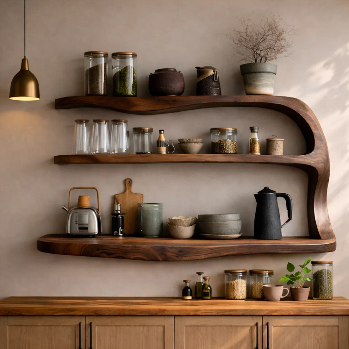 Unique kitchen cabinet featuring fluid wood design and multi level open shelving system