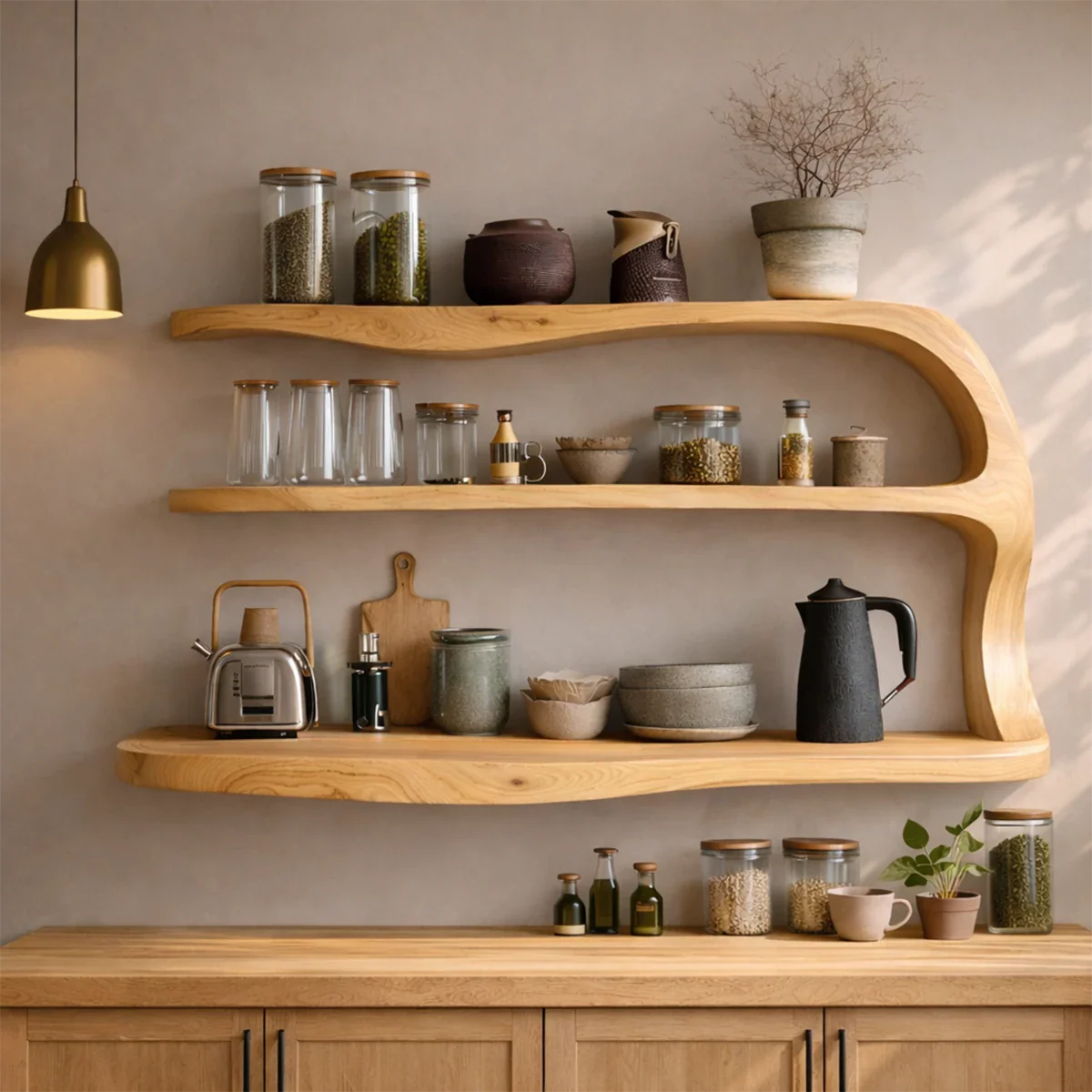 Minimalist kitchen wall shelves with sculpted wood form and functional open storage layout