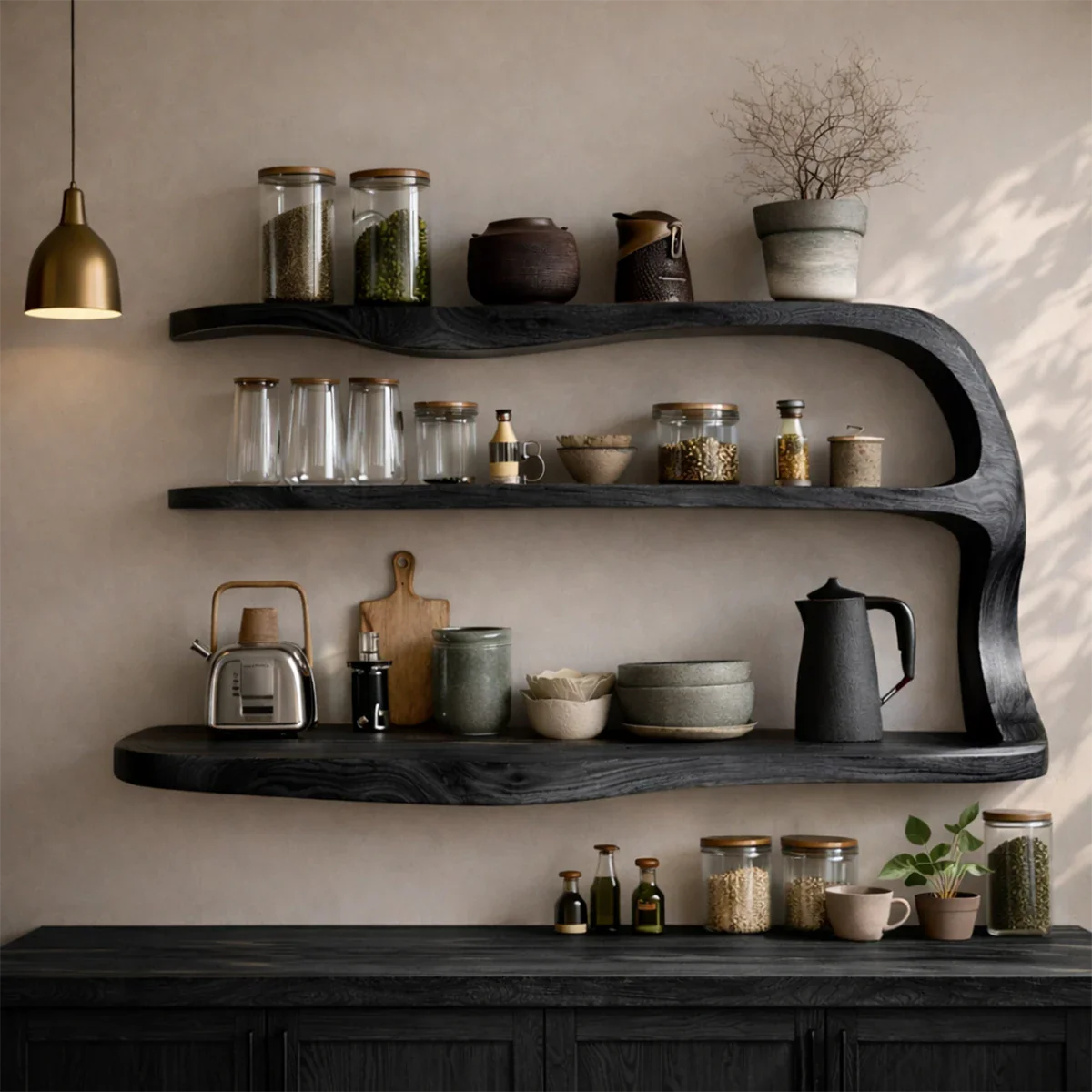 Artistic kitchen storage cabinet with curved natural wood shelving for modern home design