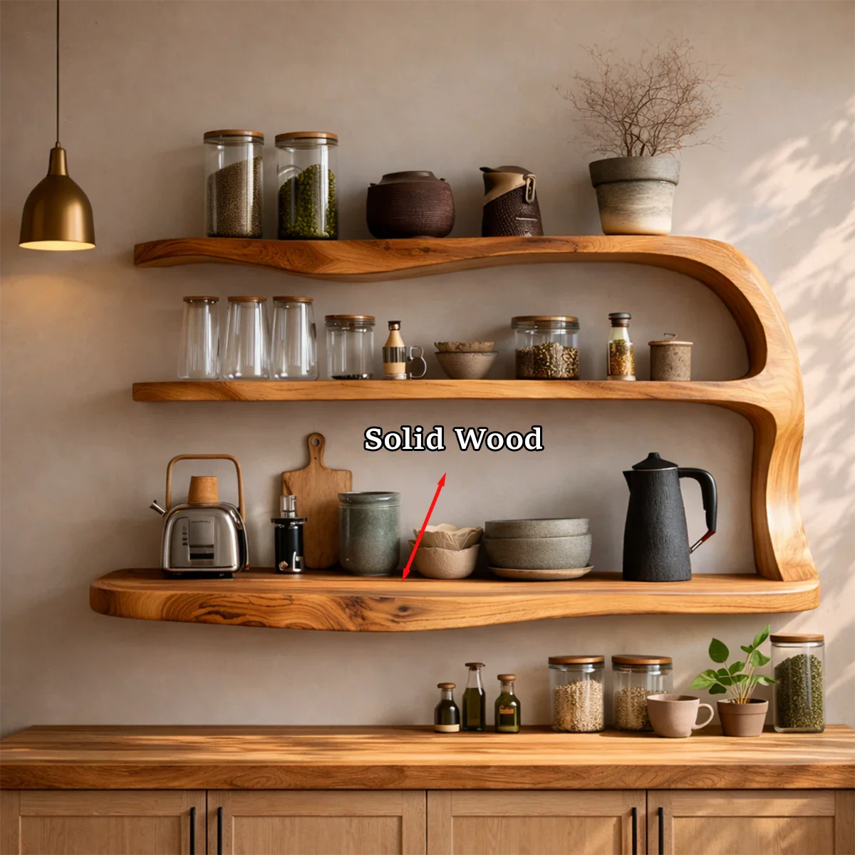 Elegant wall kitchen cabinet with soft flowing wood lines and open display shelves