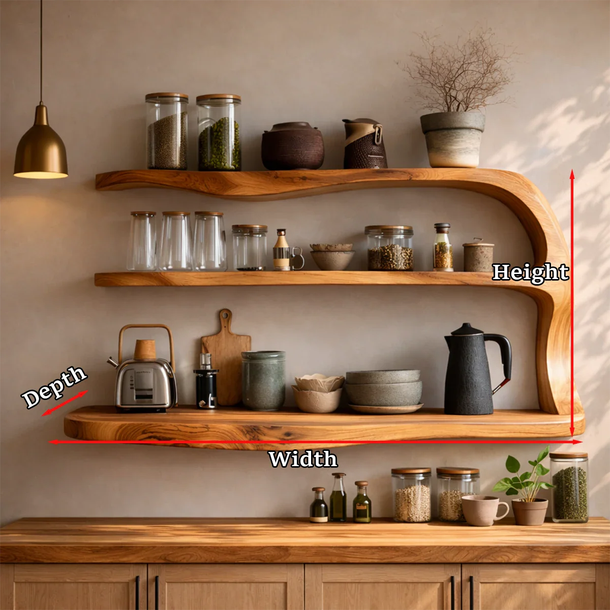 Designer kitchen shelving system with organic wood structure and practical storage space