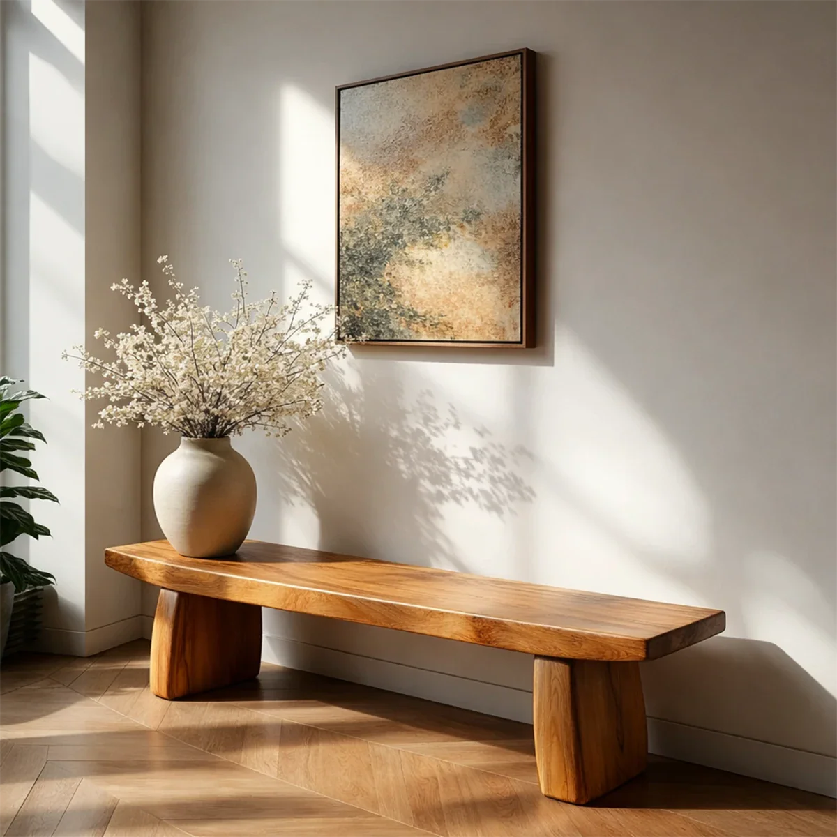 Modern organic bench featuring thick slab seat design and warm brown tone finish entryway seating