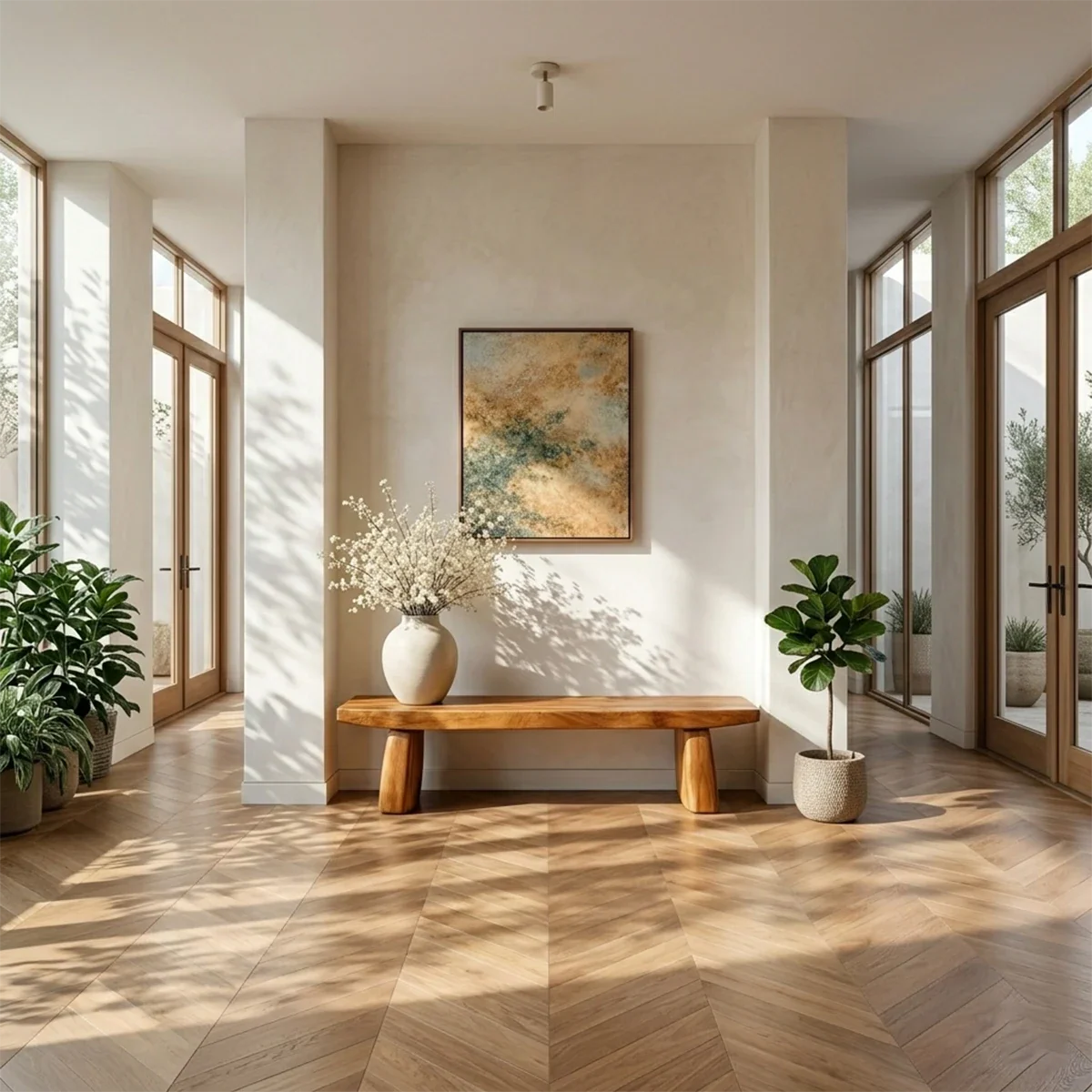 Minimalist hallway bench showcasing sturdy block leg structure and refined brown tone finish