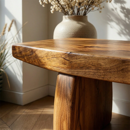 Elegant entryway seating bench designed with clean slab form and smooth brown tone finish