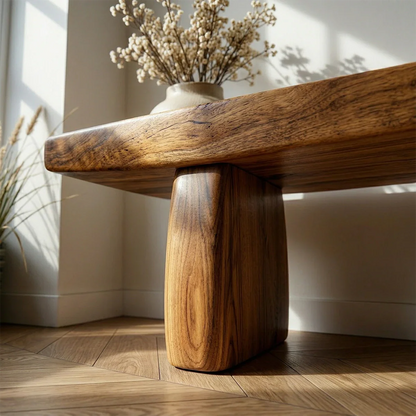 Contemporary hallway bench displaying solid base styling and polished brown tone finish