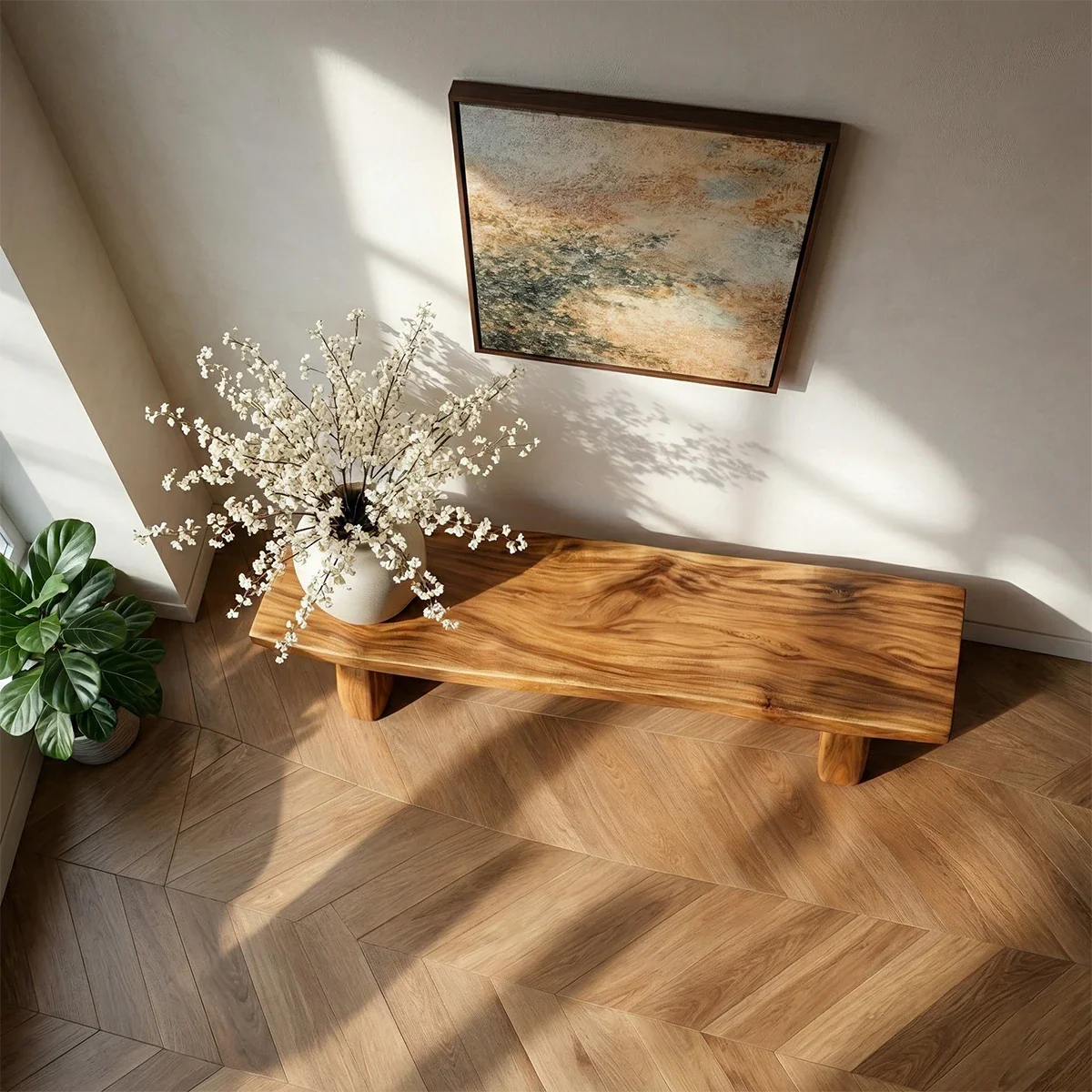 Stylish entry bench featuring geometric support legs and rich brown tone finish detail