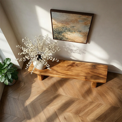Stylish entry bench featuring geometric support legs and rich brown tone finish detail