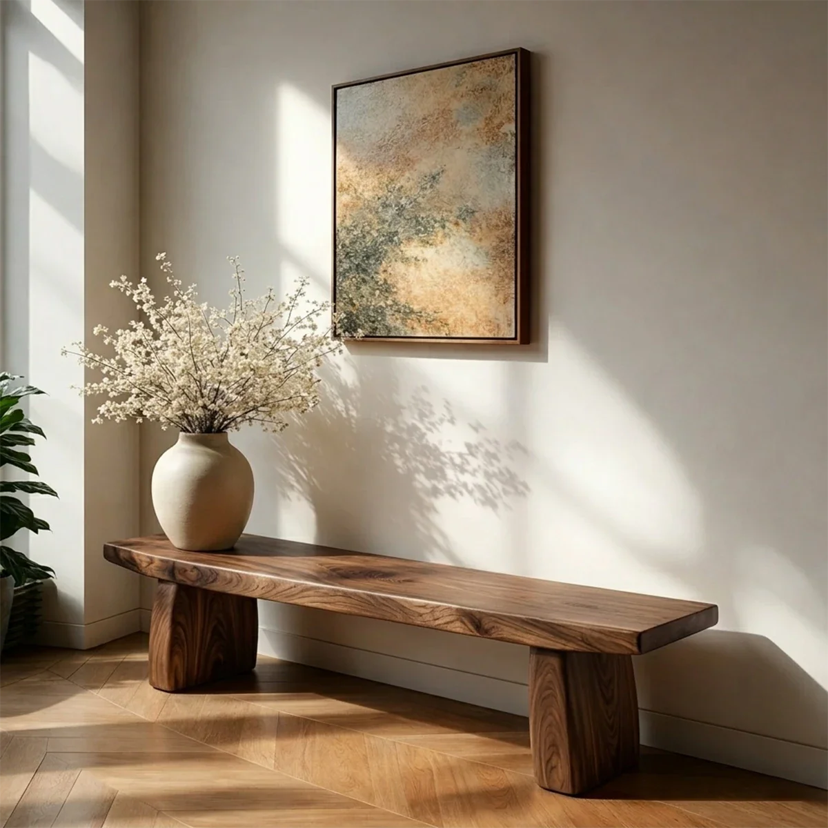 Functional hallway seating bench designed with balanced slab proportions and walnut tone finish