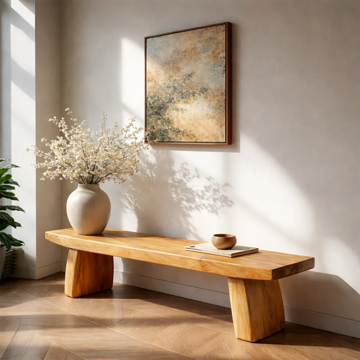 Japandi style entryway bench showcasing minimal structure and warm oak tone finish