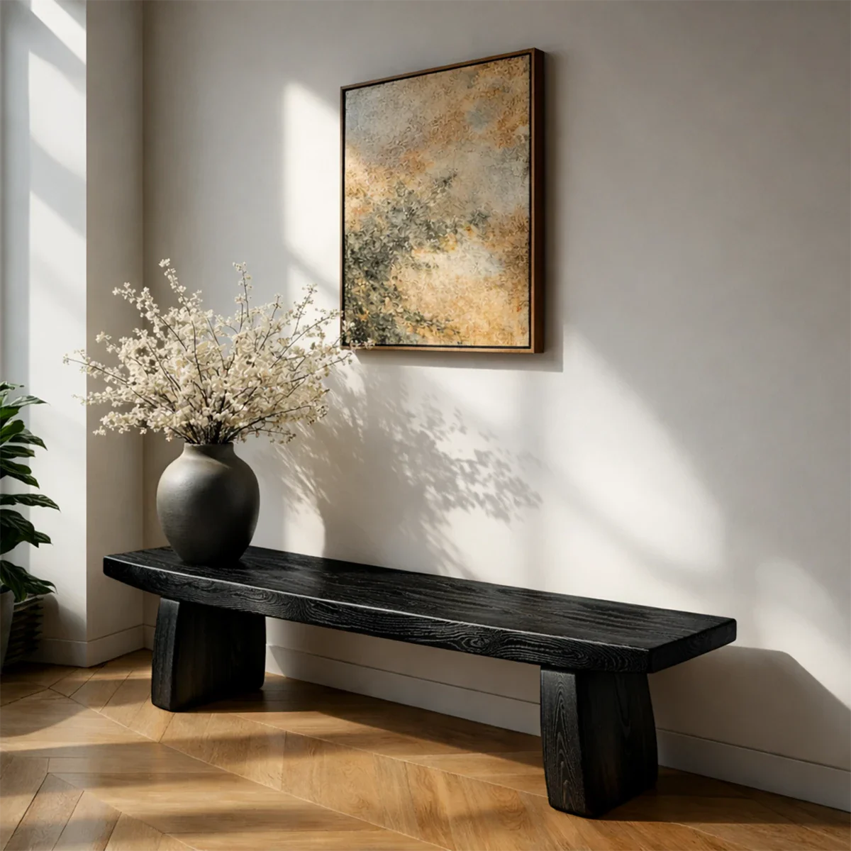 Decorative modern bench featuring architectural slab seat and refined black tone finish