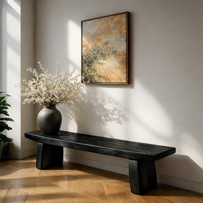 Decorative modern bench featuring architectural slab seat and refined black tone finish
