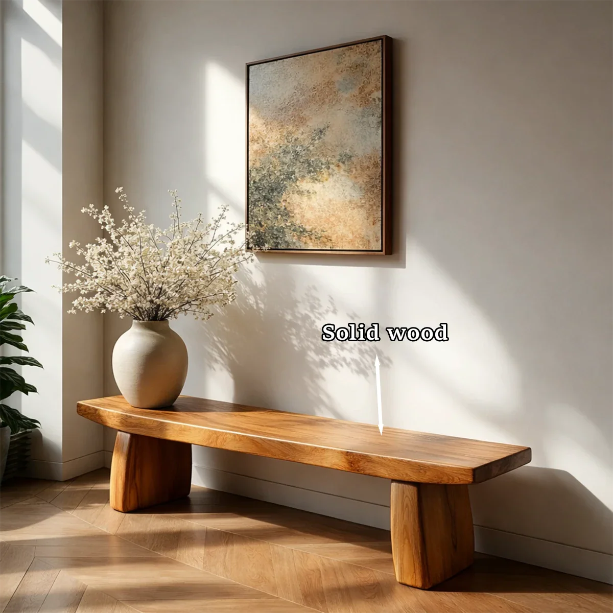 Low profile hallway bench designed with sturdy base form and smooth brown tone finish
