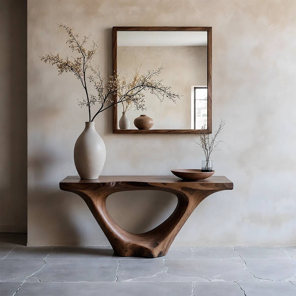 Modern Sculptural Console Table Natural Solid Wood Entryway Hollow Base - ArborisWood - 11
