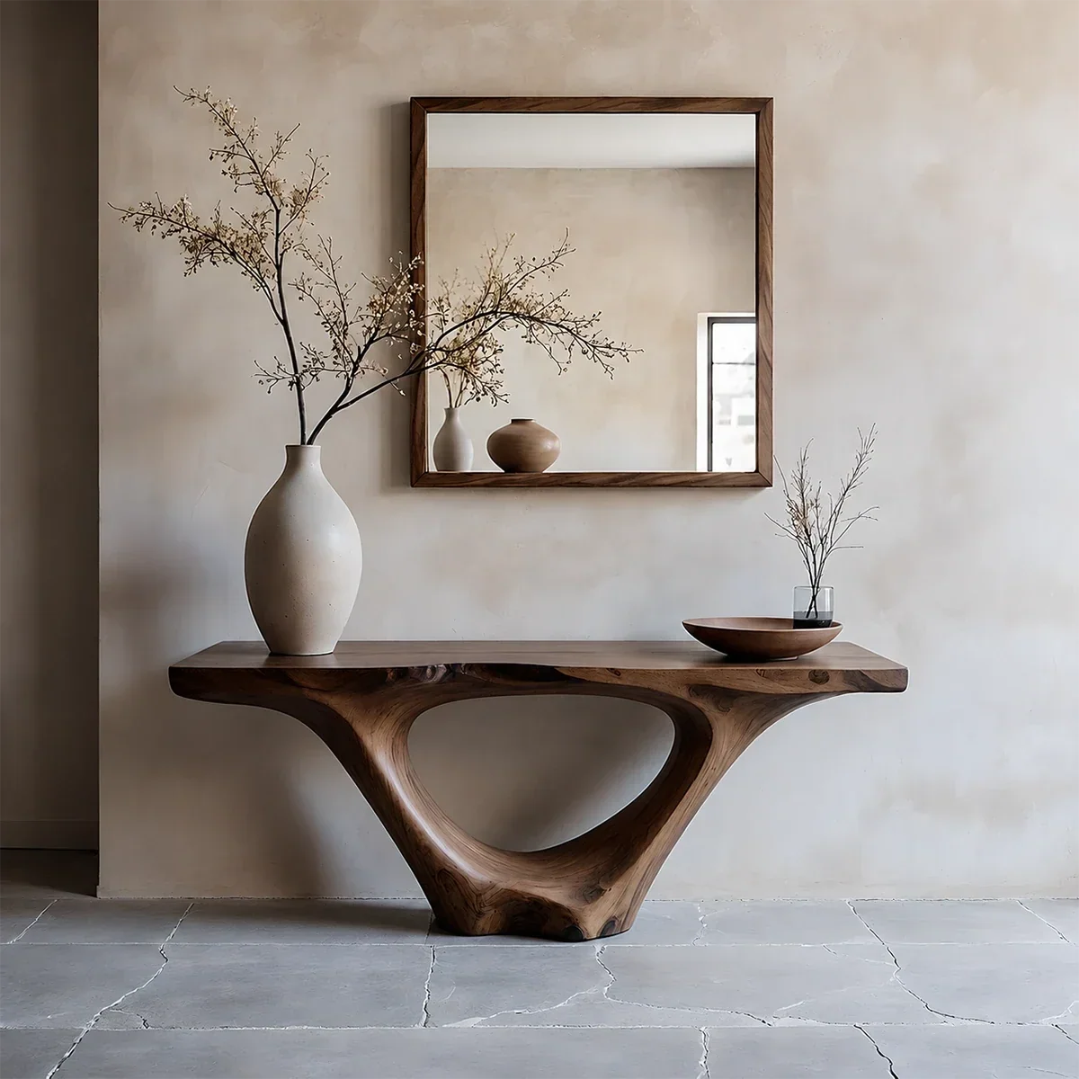 Modern Sculptural Console Table Natural Solid Wood Entryway Hollow Base - ArborisWood - 12