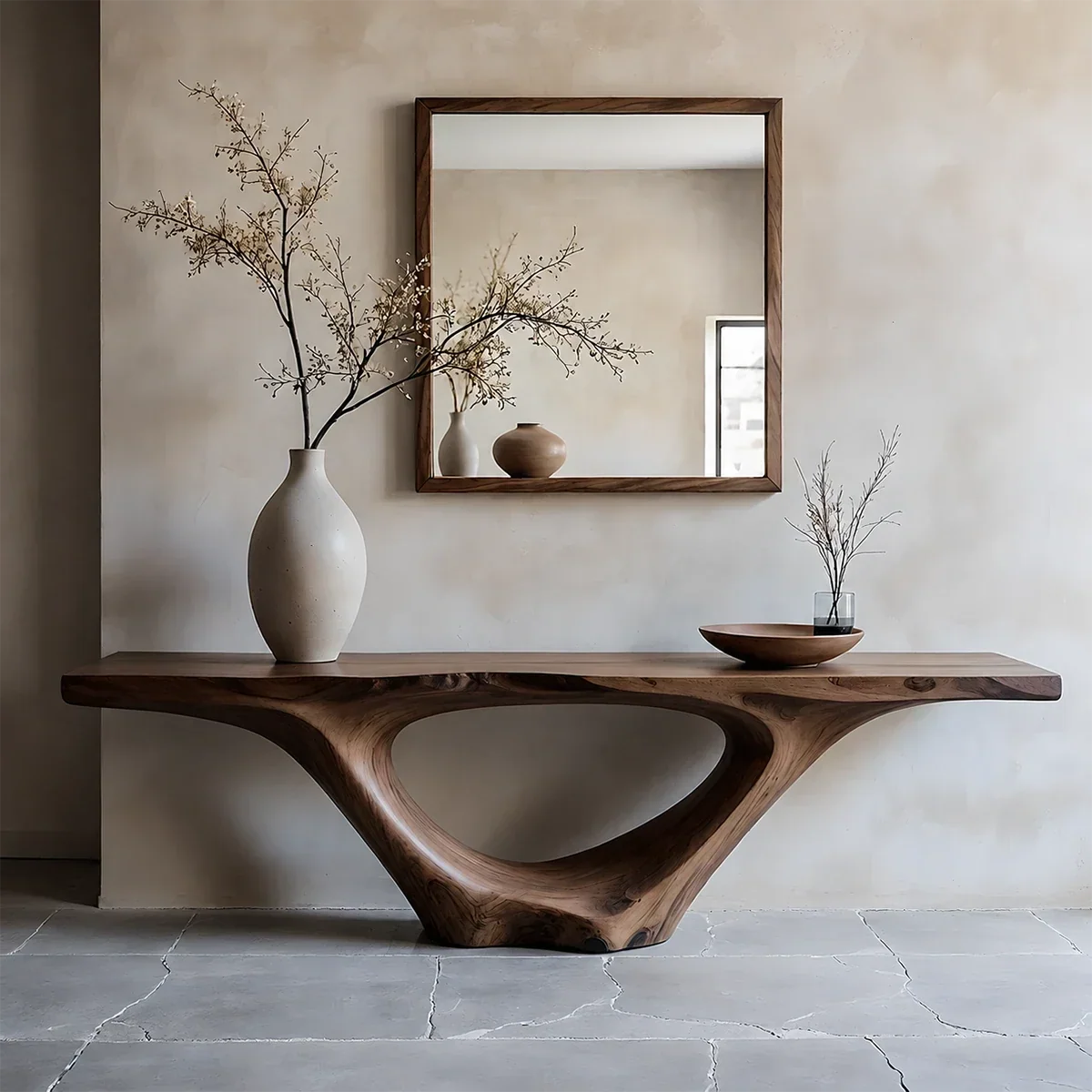 Modern Sculptural Console Table Natural Solid Wood Entryway Hollow Base - ArborisWood - 14
