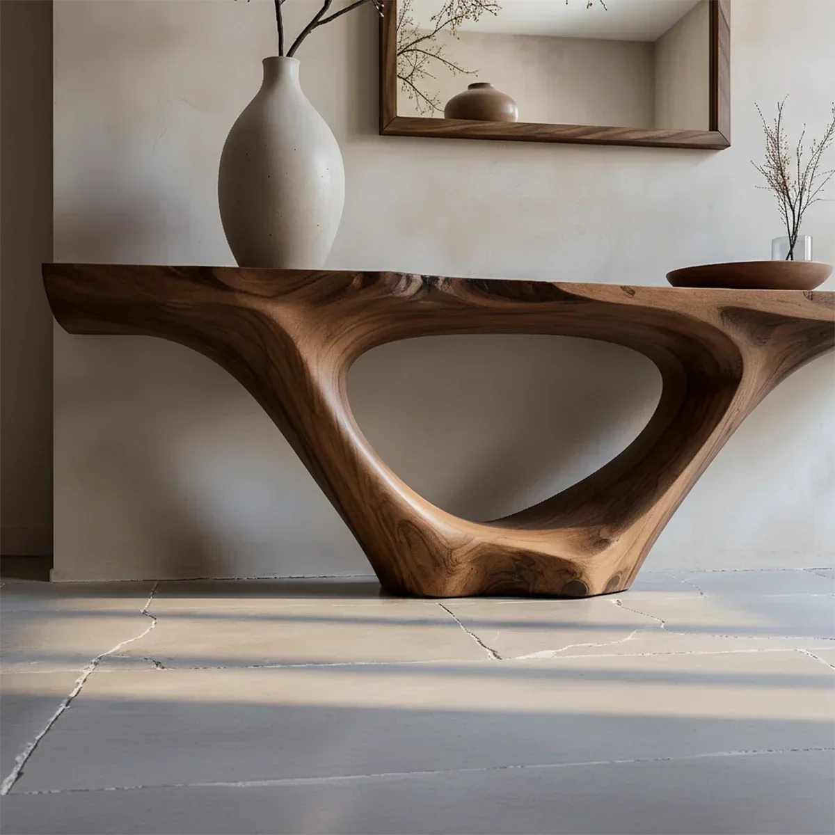Modern Sculptural Console Table Natural Solid Wood Entryway Hollow Base - ArborisWood - 5