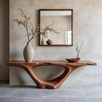 Modern Sculptural Console Table Natural Solid Wood Entryway Hollow Base - ArborisWood - 7