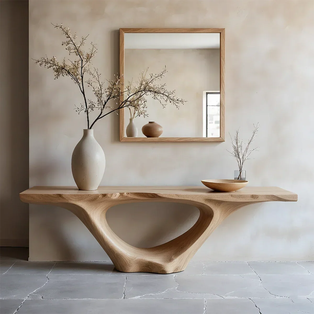 Modern Sculptural Console Table Natural Solid Wood Entryway Hollow Base - ArborisWood - 8