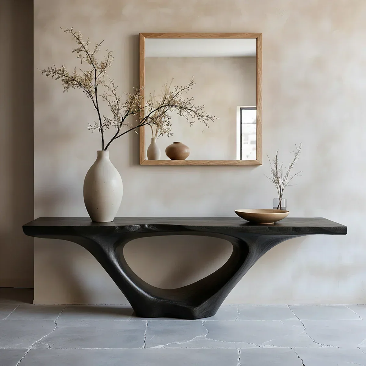 Modern Sculptural Console Table Natural Solid Wood Entryway Hollow Base - ArborisWood - 9