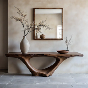 Modern Sculptural Console Table Natural Solid Wood Entryway Hollow Base - ArborisWood