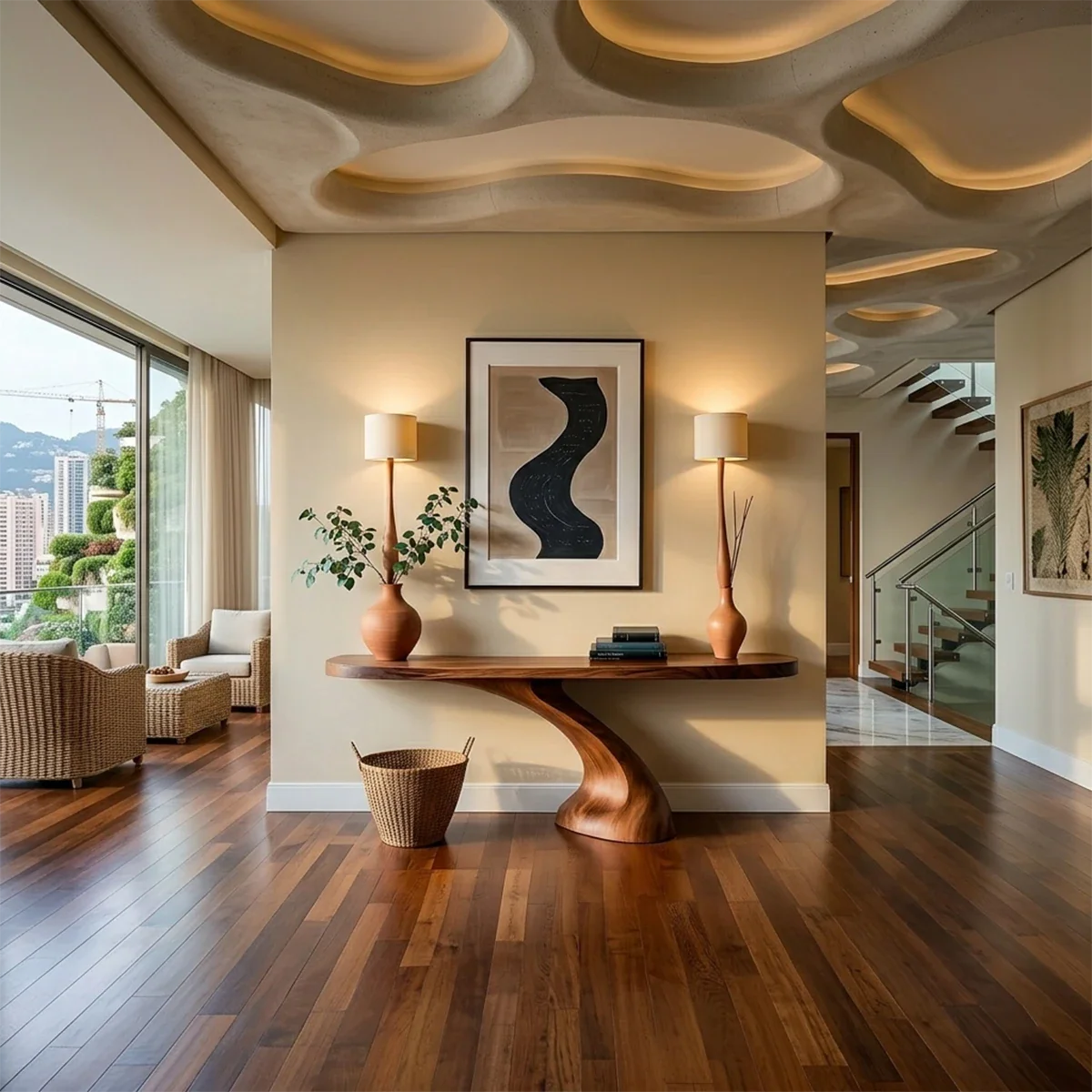 A curved wood console table creates a striking focal point in this warm and refined interior space