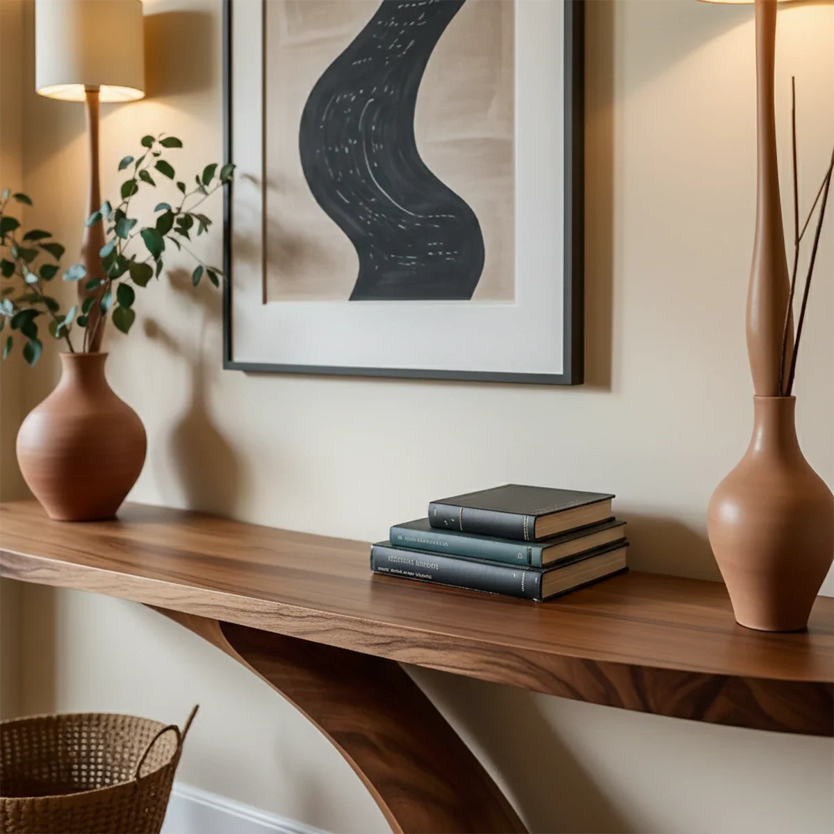 In this minimalist setting, a sculptural console table adds movement and organic visual appeal
