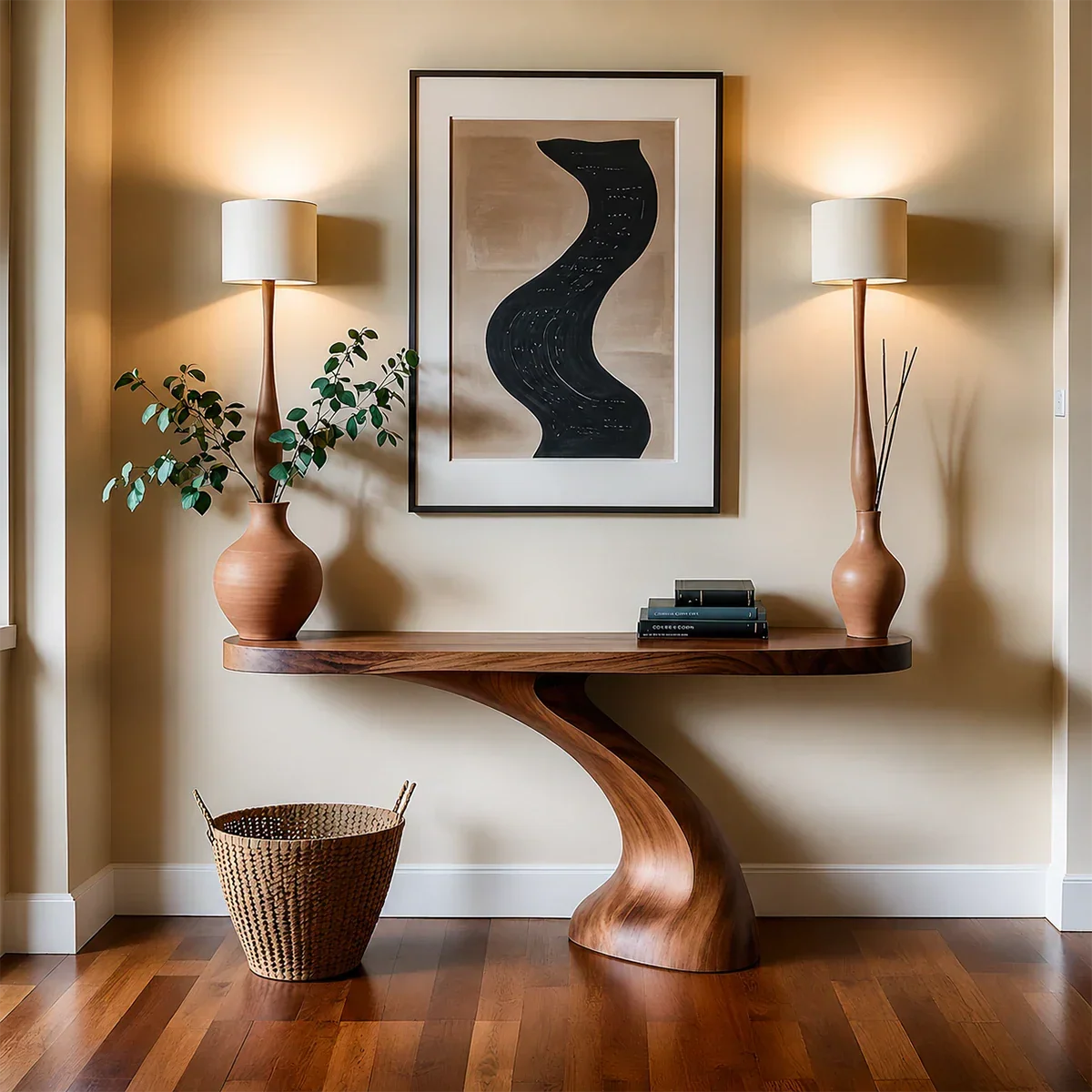 Minimalist Sculptural Console Table in Natural Solid Wood for Entryway
