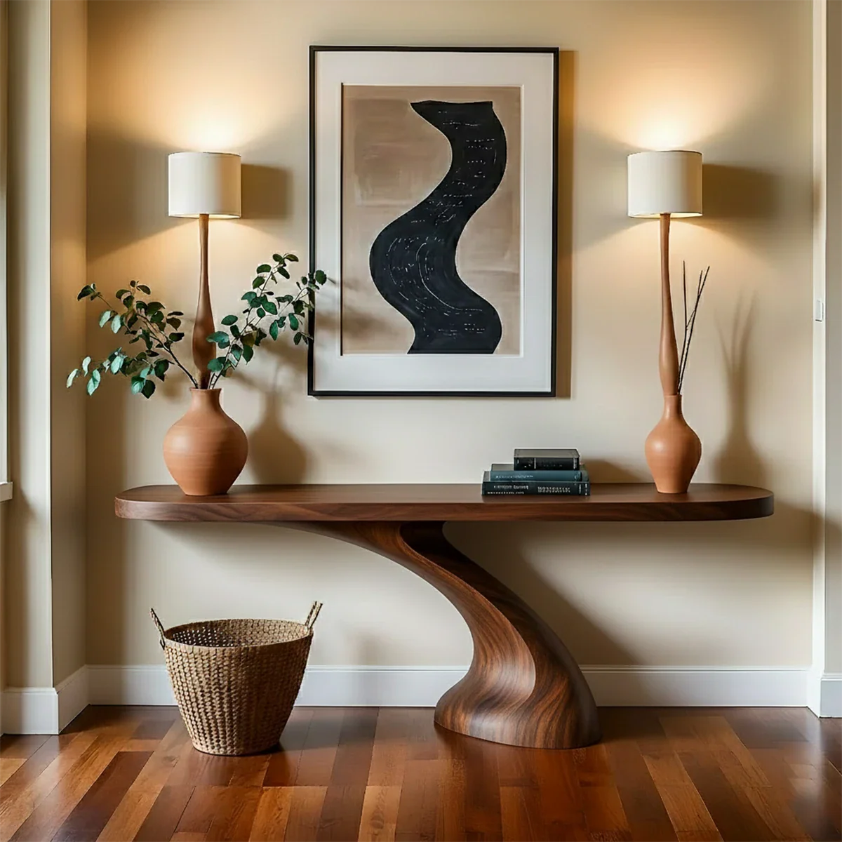 A contemporary console table with organic silhouette complements this clean and warm space