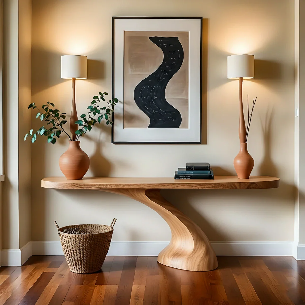 Curved solid wood console table displayed with décor elements in a refined modern home interior