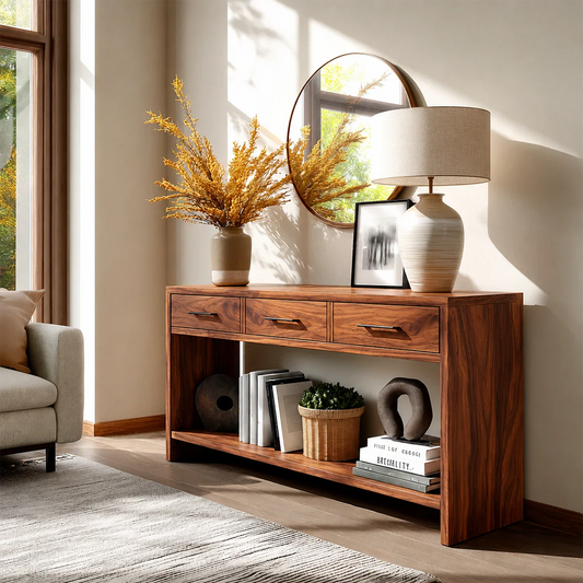 Modern sideboard console with open shelf storage and sleek integrated drawer design