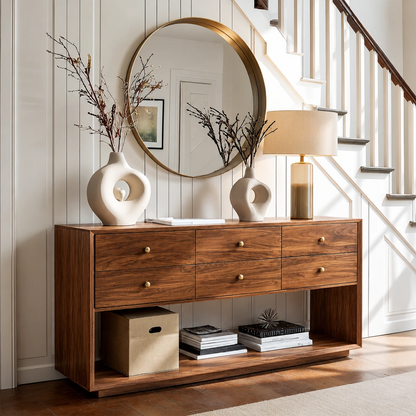 Modern sideboard with six drawers and open shelf storage for organized living spaces