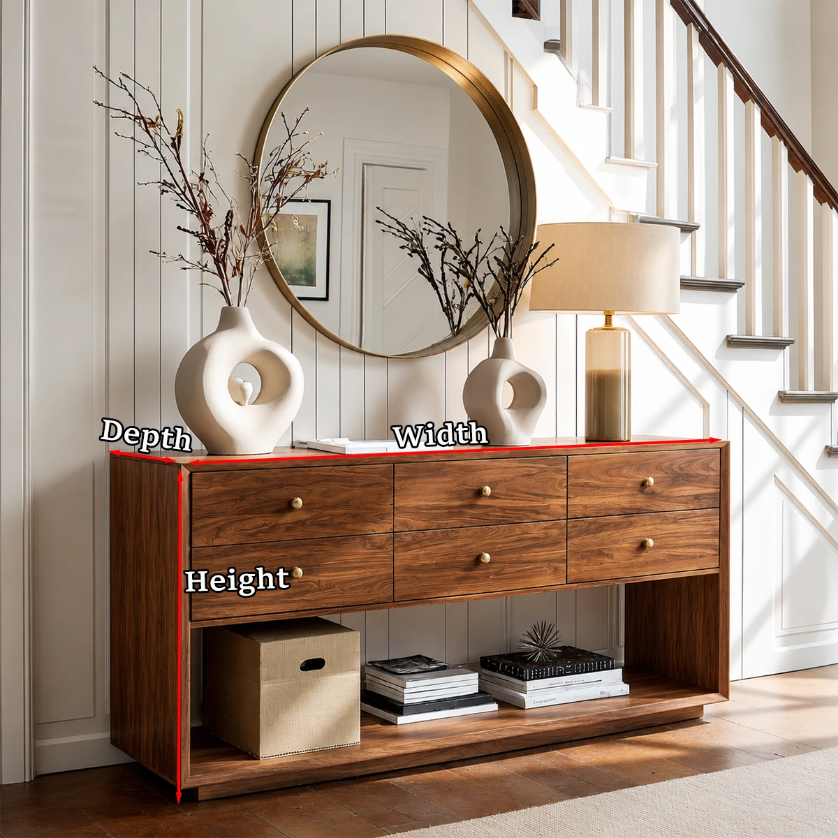 Functional credenza with six spacious drawers and minimalist open shelf organization