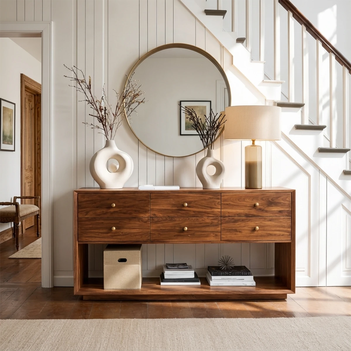 Contemporary buffet cabinet featuring spacious drawer storage and lower display shelving