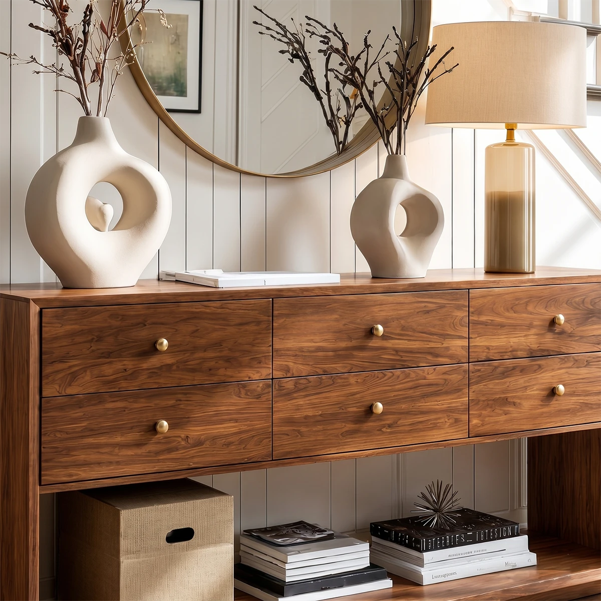 Minimalist sideboard console with six drawer organization and open storage compartment