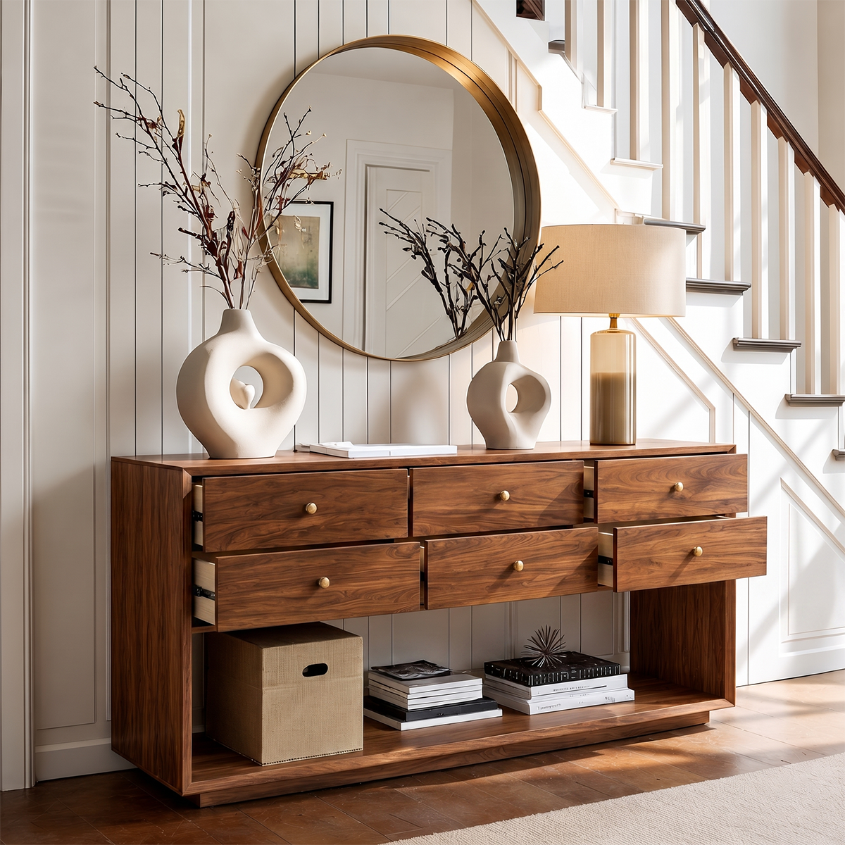 Elegant credenza cabinet with practical drawer storage and clean architectural lines