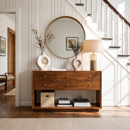 Contemporary storage cabinet with balanced drawer arrangement and open lower compartment