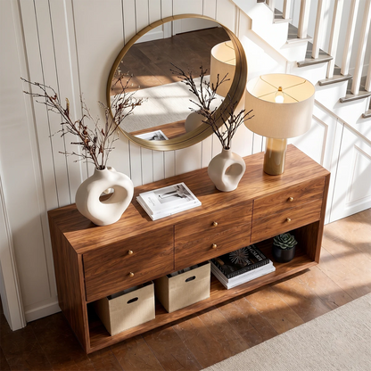 Refined storage sideboard featuring six drawers and spacious open shelf display area